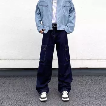 Американские джинсы High Street мужские осенние трендовые брендовые свободные широкие прямые брюки с микроклешем S темно-синий