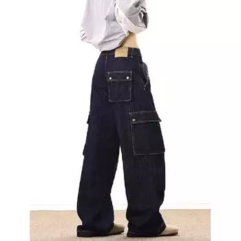 Американские джинсы High Street мужские осенние трендовые брендовые свободные широкие прямые брюки с микроклешем S темно-синий