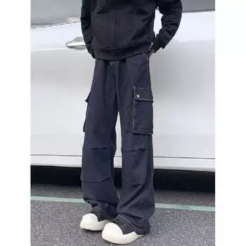 Американские джинсы High Street мужские осенние трендовые брендовые свободные широкие прямые брюки с микроклешем S темно-синий