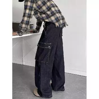 Американские джинсы High Street мужские осенние трендовые брендовые свободные широкие прямые брюки с микроклешем S темно-синий