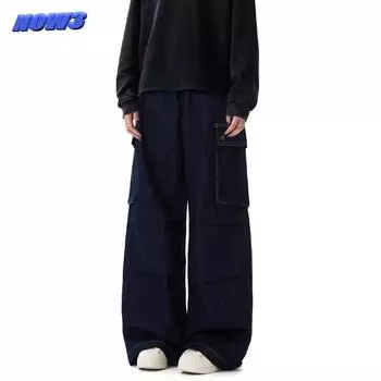 Американские джинсы High Street мужские осенние трендовые брендовые свободные широкие прямые брюки с микроклешем S темно-синий