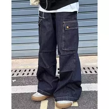 Американские джинсы High Street мужские осенние трендовые брендовые свободные широкие прямые брюки с микроклешем S темно-синий