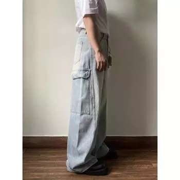 Американские джинсы High Street мужские осенние трендовые брендовые свободные широкие прямые брюки с микроклешем S светло-синий