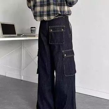 Американские джинсы High Street мужские осенние трендовые брендовые свободные широкие прямые брюки с микроклешем S темно-синий