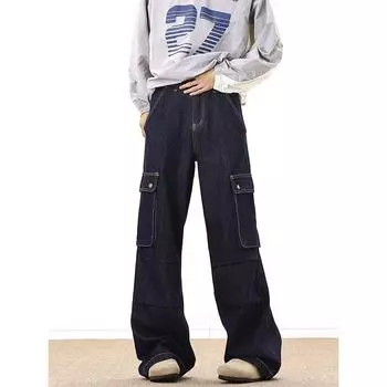 Американские джинсы High Street мужские осенние трендовые брендовые свободные широкие прямые брюки с микроклешем S темно-синий