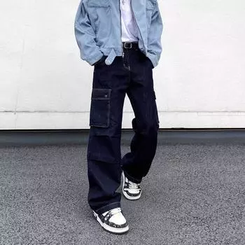 Американские джинсы High Street мужские осенние трендовые брендовые свободные широкие прямые брюки с микроклешем S темно-синий