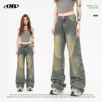 Американские джинсы High Street Trendy Vibe Design Sense Straight Leg Jeans Washed Yellow Mud Jeans L синий