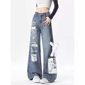 Американские джинсы с принтом кролика из мультфильма для мужчин и женщин 2024 года, новые осенне-зимние свободные прямые повседневные широкие длинные брюки S синий