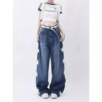 Американские джинсы с принтом ретро-звезд в стиле Instagram, женские летние новые свободные прямые широкие брюки-швабры в стиле High Street S синий