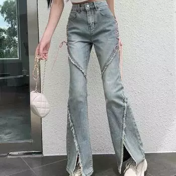 Американские джинсы с разрезом, женские розовые повязки с высокой талией, нерегулярные джинсовые брюки с застежкой-молнией, брюки Y2k Pantalon Femme XS синий