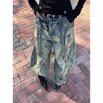 Американские джинсы с вышивкой иглой Y2K Heavy Industry Wide Leg, ретро, грязные, окрашенные, свободные, модные, повседневные, с высокой талией S