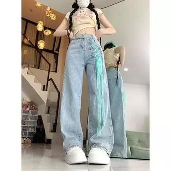 Американские джинсы Spice Girls с высокой талией, женские летние свободные узкие брюки, широкие брюки с высокой талией и шнуровкой S синий
