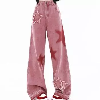 Американские джинсы в стиле ретро с пятиконечной звездой и необработанными краями, свободные широкие джинсы для женщин, выглядят тонкими, модные универсальные женские брюки для мытья полов S розовый