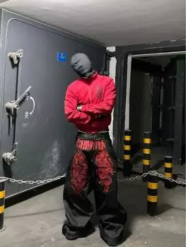 Американские джинсы Y2K с вышитым красным драконом, широкие, мужские, ретро, тяжелая промышленность, стирка, Харадзюку, хип-хоп, свободные, повседневные джинсы S