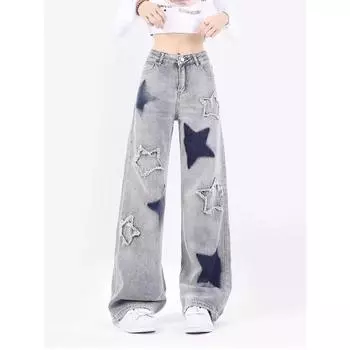 Американские джинсы Y2K в стиле ретро, женские джинсы со звездами и необработанными краями, свободные широкие джинсовые брюки, женские синие брюки с вышивкой S синий