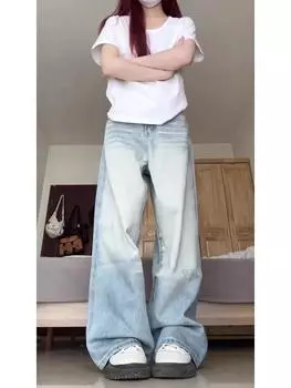 Американские джинсы Y2k Wide Leg, женские, белые, с царапинами, с высокой талией, элегантные, свободные, прямые брюки, корейский модный дизайн, брюки-швабра S синий