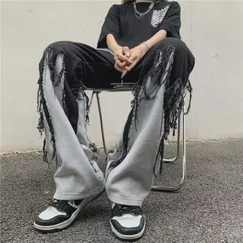 Американские хип-хоп-хай-стрит свободные широкие черные панк-джинсы с необработанными краями и потертостями 2XL чёрный