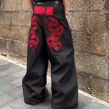 Американские красные вышитые джинсы в стиле ретро, широкие брюки до пола, большой размер, тяжелый промышленный дизайн, сенсорная уличная одежда S
