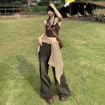 Американские модные женские широкие джинсы Malade, свободные и облегающие брюки длиной до пола в стиле ретро с завышенной талией. XS темно серый