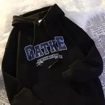 Американские мужские и женские толстовки с капюшоном Ins для осени и зимы, утолщенные студенческие свободные топы, японские модные универсальные куртки с буквенным принтом M (70-100 kg) чёрный