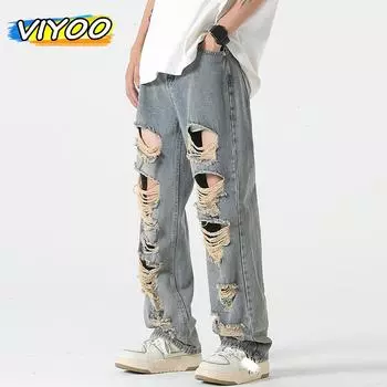 Американские мужские винтажные джинсы Y2K, хлопковые джинсовые брюки, мешковатые рваные джинсы, мужские прямые брюки, женская готическая одежда