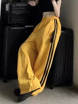 Американские полосатые спортивные быстросохнущие брюки, женские элегантные тонкие свободные широкие брюки, корейские модные повседневные джазовые брюки в стиле хип-хоп S жёлтый