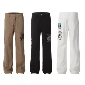 Американские прямые повседневные брюки с принтом, свободные повседневные брюки в стиле ретро от High Street, повседневные брюки с широкими штанинами для мужчин M чёрный