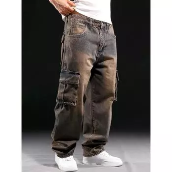 Американские рабочие джинсы с несколькими карманами, мужские широкие брюки-карго свободного кроя, байкерские джинсы больших размеров 46 синий