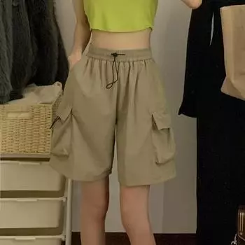 Американские ретро-брюки с высокой талией и завязками на талии, быстросохнущие, для женщин, летние, тонкие, подходят для верхней одежды, спортивные и свободные, широкие шорты S хаки