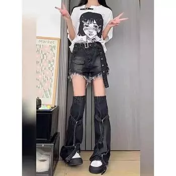 Американские ретро черные джинсовые шорты женские джинсы с высокой талией короткие брюки мода весна лето корейская уличная одежда готика простые XL чёрный