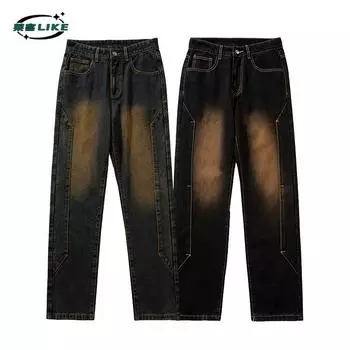 Американские ретро-джинсы High Street, мужские, стиль Vibe, желтые, окрашенные в грязевой цвет, джинсовые брюки, прямые, утягивающие, джинсовые брюки M чёрный