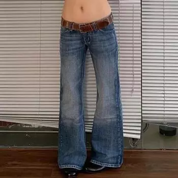 Американские ретро-джинсы High Street Spicy Girls с заниженной талией, женские винтажные брюки Harajuku Y2k, мешковатые, сплошные, узкие, расклешенные, из денима S синий