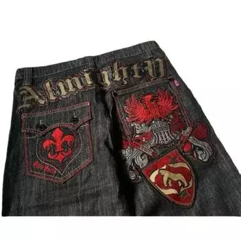 Американские ретро-джинсы High Street Y2K с вышитыми буквами в стиле пэчворк, готические модные широкие брюки из денима S