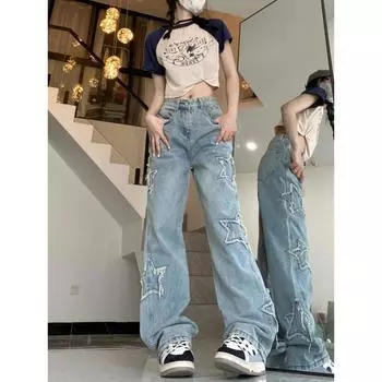Американские ретро-джинсы High Street женские весенне-осенние дизайнерские вышитые брюки с высокой талией тонкие широкие брюки Tide S синий
