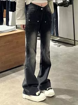 Американские ретро-джинсы High Street, женские зимние новые Y2k, высокая талия, дизайн Sense, модные свободные прямые брюки 2000-х годов, эстетические брюки S чёрный