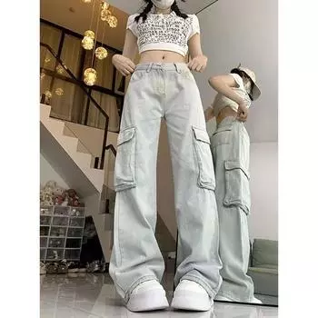 Американские ретро-джинсы-карго светлого цвета, осенние, новые, уличные, с потертым дизайном, с карманами, длинные, прямые, свободные брюки S белый/синий