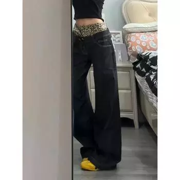 Американские ретро-джинсы с леопардовым принтом в стиле пэчворк с широкими штанинами, женские летние тонкие свободные прямые брюки с высокой талией в стиле High Street S чёрный