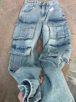 Американские ретро-джинсы с несколькими карманами для женщин, большие размеры, уличные джинсы с высокой талией, широкие повседневные прямые брюки Tide S синий