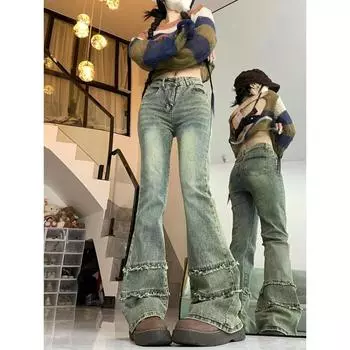 Американские ретро-джинсы с низкой талией и необработанными краями, микроукороченные женские весенние облегающие эластичные тонкие подковообразные брюки Sense Spice S синий