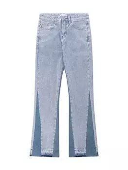 Американские ретро-джинсы с потертостями и клешем в тон цвета 2XL светло-синий