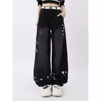 Американские ретро-джинсы с пятиконечной звездой и брызгами чернил, женские осенние джинсы Dopamine, прямые свободные широкие брюки S чёрный