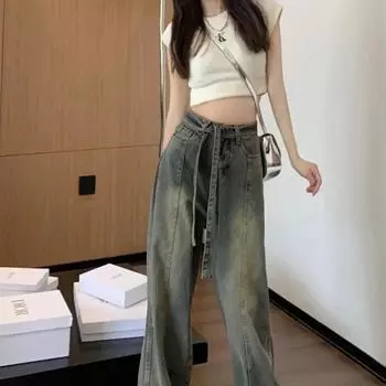 Американские ретро-джинсы с широкими штанинами и бахромой для женщин на лето с нишевым дизайном, высокая талия, свободный крой, утягивающие прямые брюки длиной до пола S синий