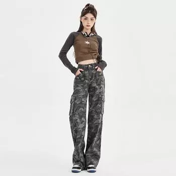 Американские ретро-камуфляж с высокой талией рабочие брюки сладкие и пряные уличные хип-хоп свободные прямые джинсы для женщин XS