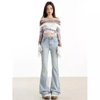 Американские ретро микро-клеш широкие джинсы для женщин осенние новые эластичные утягивающие брюки в пол с высокой талией XS