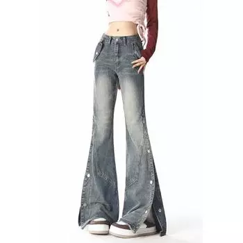 Американские ретро микро расклешенные женские джинсы в уличном стиле, готический сплит-дизайн для мужчин и женщин, брюки, джинсы с высокой талией S синий