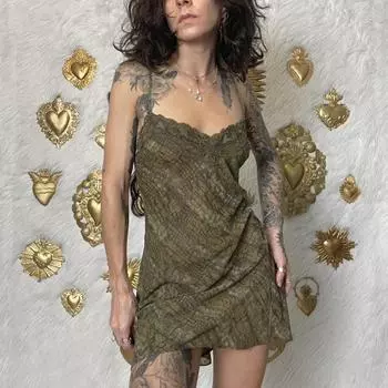 Американские ретро пикантные девушки текстура напечатанная сорочка сексуальный кружевной край воротник короткий разрез повседневные платья S армия зеленый