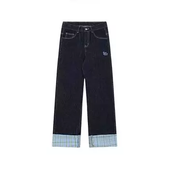 Американские ретро-плед пэчворк завернутые края женские джинсы High Street Harajuku свободные широкие прямые брюки для мужчин и женщин M