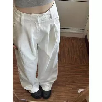 Американские ретро плиссированные белые джинсы женские Spring Spice High Street прямые свободные утягивающие широкие брюки S слоновая кость
