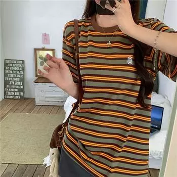 Американские ретро-полосатые футболки с короткими рукавами женские летние повседневные свободные универсальные и тонкие футболки топы y2k M хаки