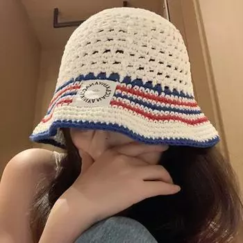 Американские ретро-полосатые вязаные панамы для женщин Show Face маленькие летние универсальные полые дышащие солнцезащитные мужские шапки 56-58cm белый